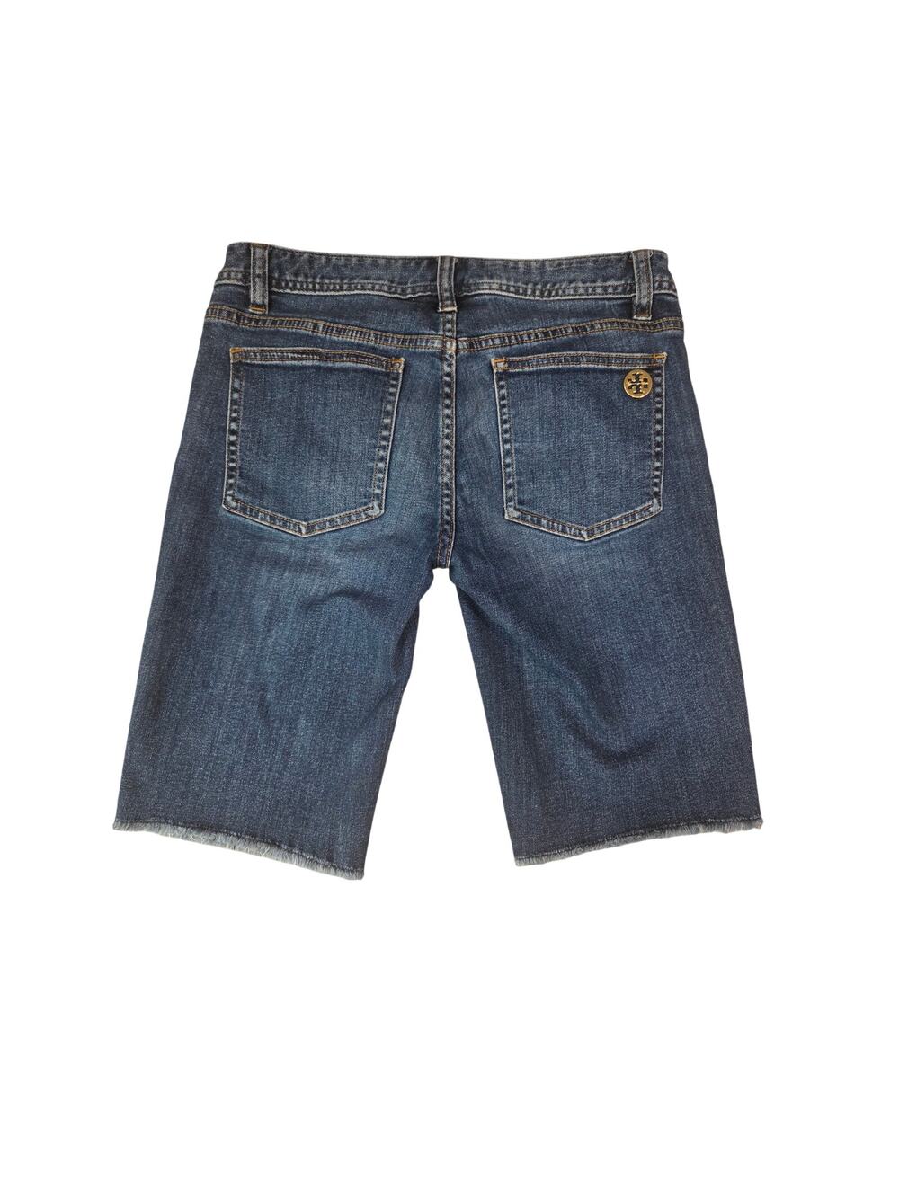 Tory Burch Denim Mid Shorts Size 27 Blue Stretch Frayed Hem